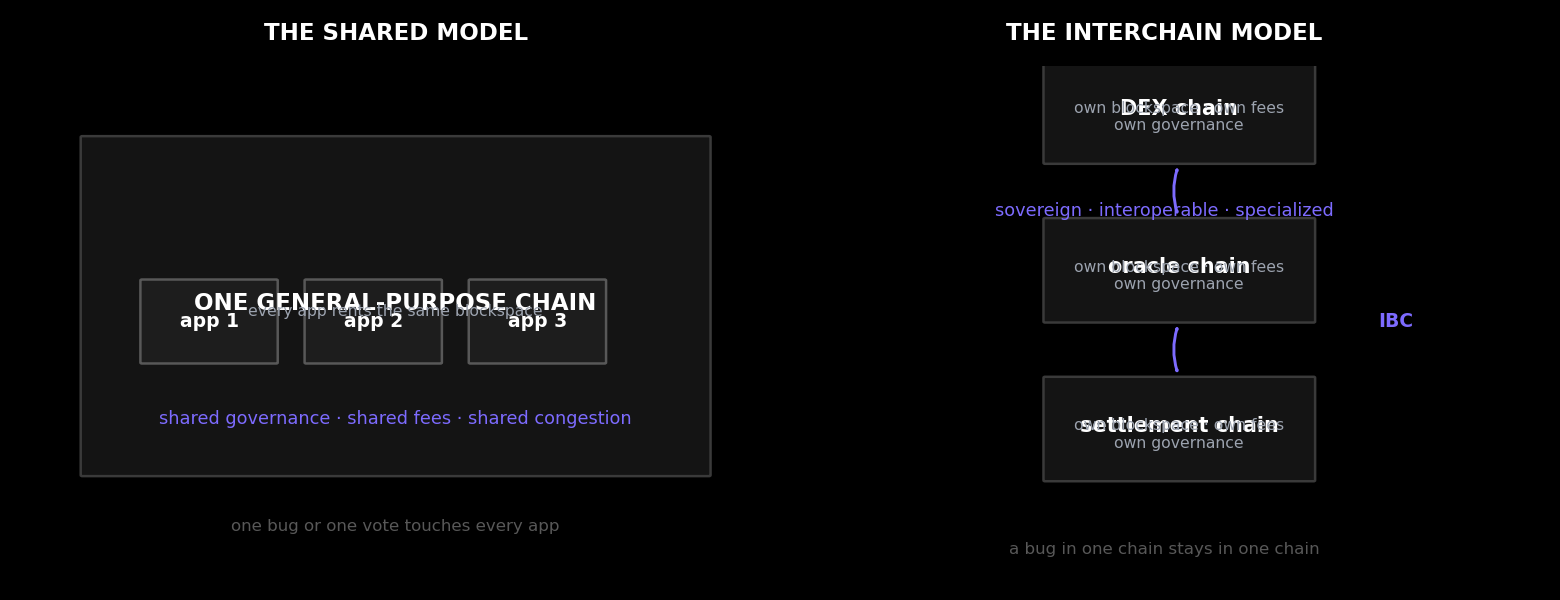 The shared model vs the interchain model — one rented commons, or many sovereign chains connected by IBC.