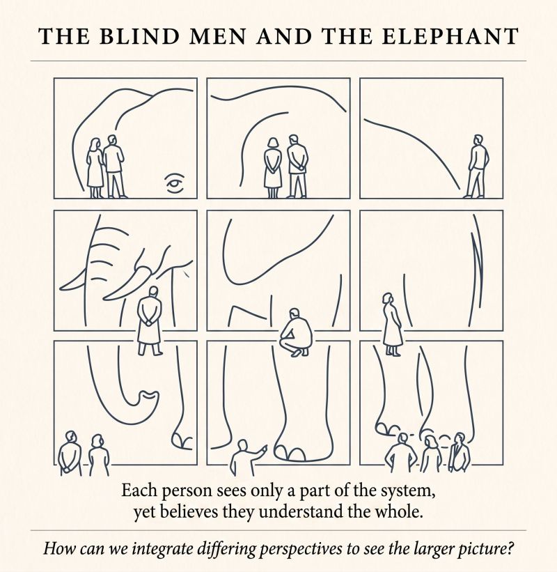 The blind men and the elephant — every role reports the part it touches, and none sees the whole.