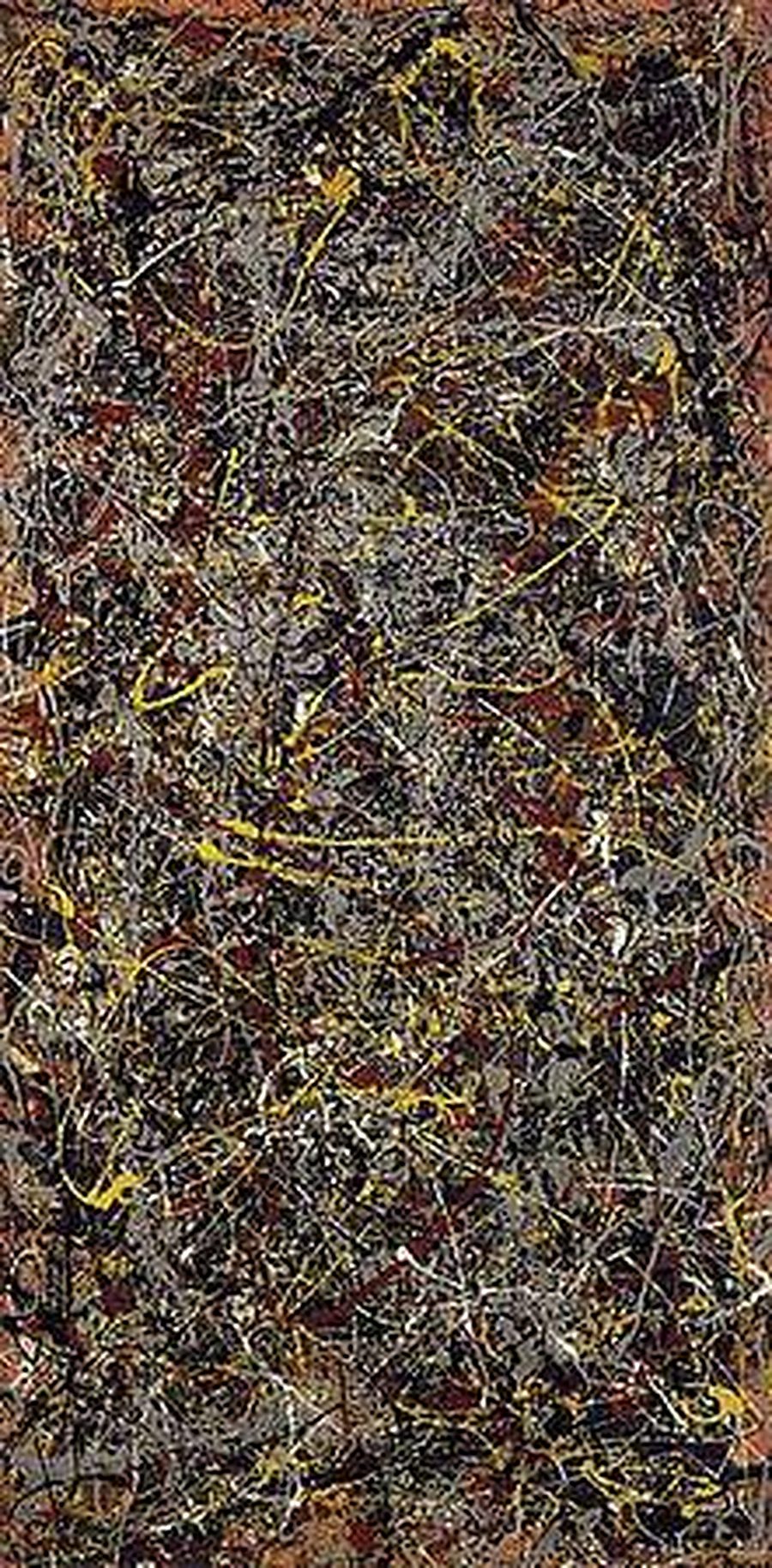 No. 5, 1948 — Jackson Pollock (1948). The automatic method made material: poured paint, fully controlled. (Low-resolution reproduction; the original is in a private collection.)