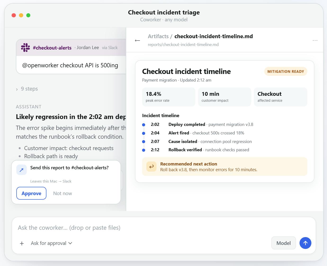 OpenWorker persona selection — four pre-configured coworker roles with specific tool connections