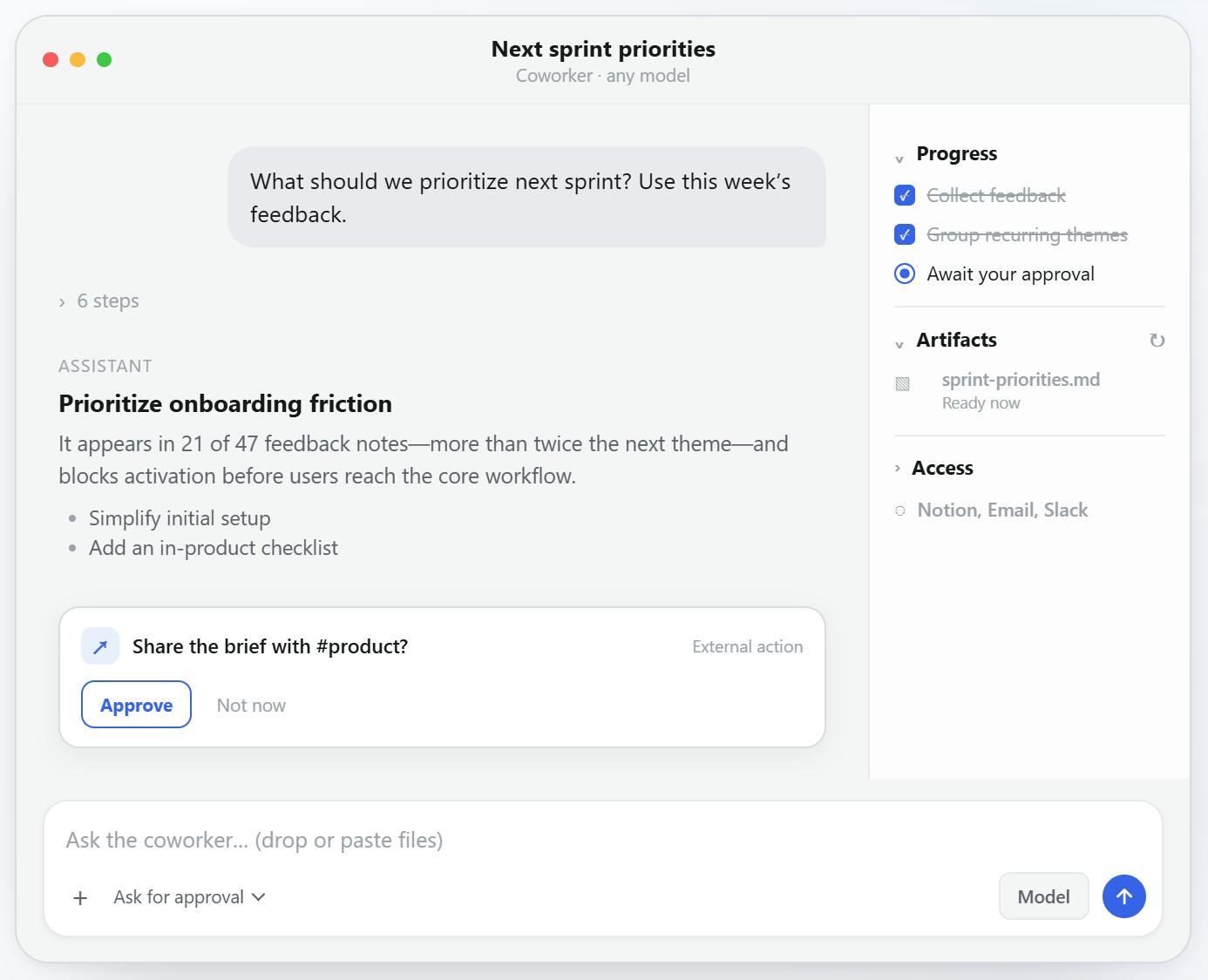 OpenWorker desktop — model settings panel showing provider selection and configuration